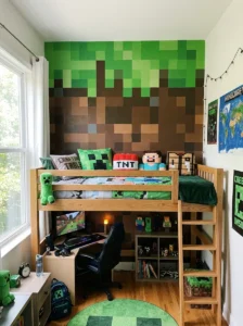 Minecraft grass block accent wall in a kids bedroom.