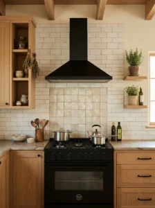 Rustic modern kitchen backsplash combining matte subway and handmade-look textured tiles.