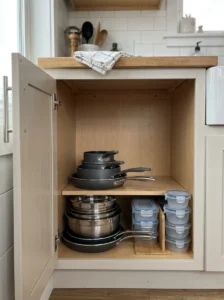 Small kitchen cabinet organized with stackable and nesting cookware.