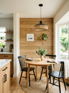Rustic modern kitchen dining nook with a reclaimed wood accent wall.