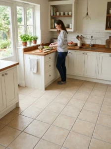 Budget kitchen with simple neutral ceramic tile flooring.