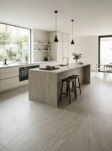 Luxury modern kitchen with seamless large-format porcelain slab flooring.