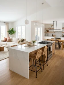 Open concept kitchen island naturally separating the cooking and living areas.