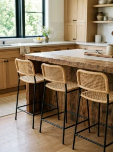 Rustic modern kitchen island with woven rattan and black metal bar stools.