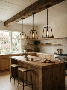 Rustic modern kitchen island with simple aged iron pendant lights.