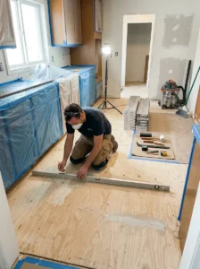 Kitchen subfloor prepared and leveled before new flooring installation.