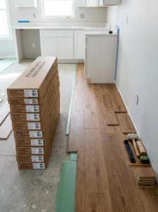 Extra kitchen flooring boxes ready for installation cuts and waste.