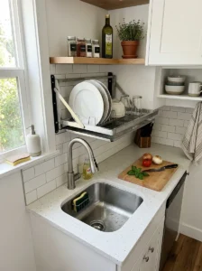 Small kitchen with an over-the-sink drying rack that saves counter space.