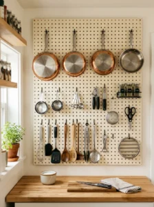 Small kitchen pegboard wall organizing pans, utensils, and cooking tools.