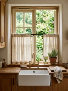 Rustic modern kitchen window styled with simple natural linen café curtains.