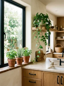 Rustic modern kitchen with fresh herbs and trailing greenery adding natural softness.