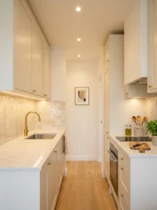 Small kitchen with a glossy backsplash reflecting light throughout the space.