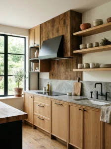 Uncluttered rustic modern kitchen balancing natural warmth with clean contemporary lines.