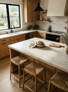 Rustic modern kitchen with honed natural stone countertops and warm wood cabinets.