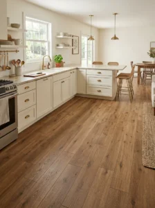 Kitchen with warm medium-oak luxury vinyl plank flooring.
