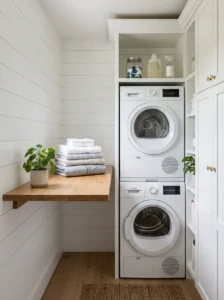 Fold-down laundry folding counter saving space.