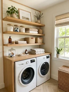 Floating shelves above washer and dryer for organized storage.