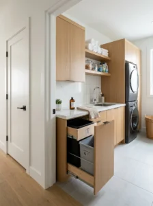 Built-in trash and recycling station inside a mudroom.