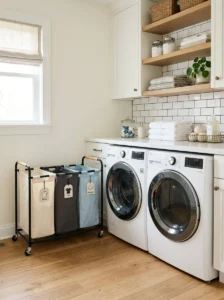 Rolling laundry sorter with multiple compartments.