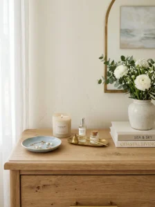 Muted bedroom accessories in pale blue, cream, brass, and warm neutral tones.