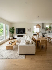 Open concept home using a tray ceiling to define the dining area.