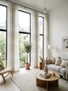 Vertical striped curtains making ceilings feel taller.