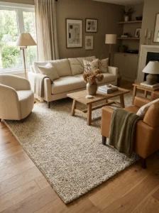 : Cozy living room seating area anchored by a large natural fiber rug.