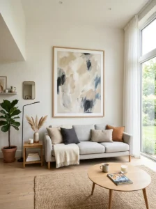 Artwork hung at eye level in a modern living room.