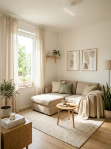 Neutral color palette making a small living room feel larger.