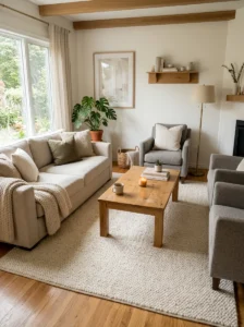 Large area rug unifying a small living room.