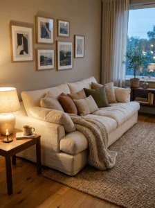 : Cozy living room with a deep cream sofa, plush cushions, and a soft throw.
