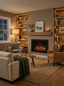 Cozy living room with an electric fireplace, warm lighting, and comfortable seating.