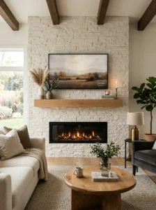 TV wall with built-in electric fireplace.