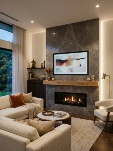 TV mounted above a modern fireplace.