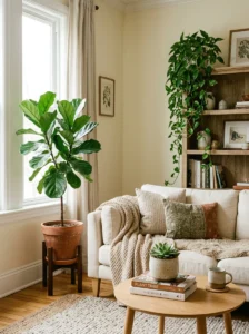 Cozy living room with a fiddle leaf fig, trailing pothos, and small indoor plants.