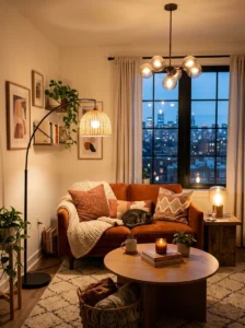 Layered lighting creating warmth in a small living room.