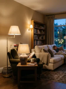 Cozy living room with layered floor, table, and wall lighting creating a warm atmosphere