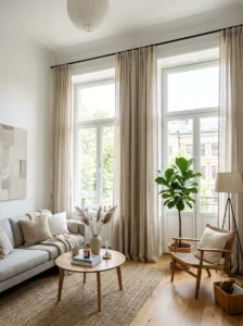 High-mounted curtains creating the illusion of taller ceilings.