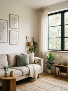 Small living room with a limited neutral color palette.