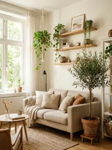 Indoor plants adding life to a compact living room.