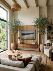 Nature-inspired TV wall with indoor plants.