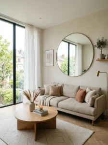 Large mirror reflecting light in a small living room.