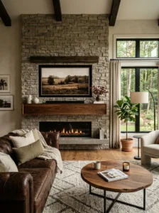 Stone accent wall behind a television.