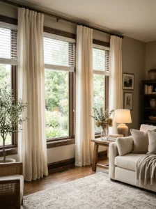 Cozy living room windows styled with floor-to-ceiling warm ivory linen curtains.