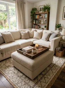Cozy living room with a soft upholstered ottoman used instead of a coffee table.