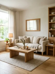 Cozy living room decorated with warm light oak furniture and natural wood accents.
