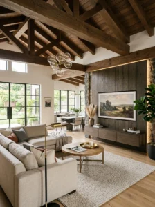 Living room with statement ceiling and TV wall.