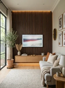 Wood slat accent wall behind a mounted TV.