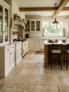 Luxury kitchen with warm natural stone tile flooring.