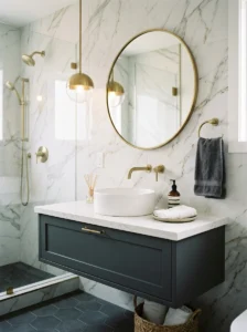 Charcoal gray vanity paired with a white countertop.